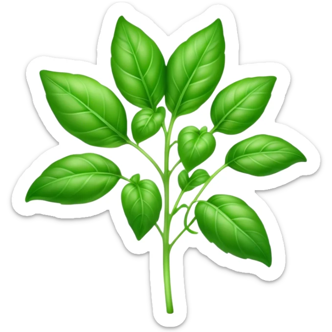Cinematic Realistic Basil Emoji, Lush and fragrant, with vibrant green leaves that release a fresh, herbal aroma. The soft, glossy leaves are delicately arranged along slender stems, exuding vitality and flavor. Soft glowing outline, capturing the essence of freshness, growth, and aromatic delight in a blossoming basil plant! sticker