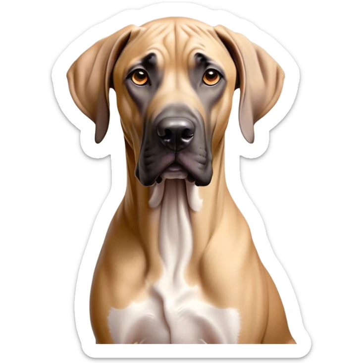 Cinematic Noble Fawn Great Dane Portrait Emoji, Poised and regal, with a towering, muscular build and a sleek, well-groomed solid fawn coat accented by subtle dark markings, deep-set soulful amber eyes, Simplified yet sharp and sophisticated features, highly detailed, glowing with a soft, dignified glow, high shine, intelligent and gentle, stylized with an air of majesty, focused and attentive, soft glowing outline, capturing the essence of a watchful and confident guardian, so majestic it feels as though it could stride out of the screen with effortless authority! sticker