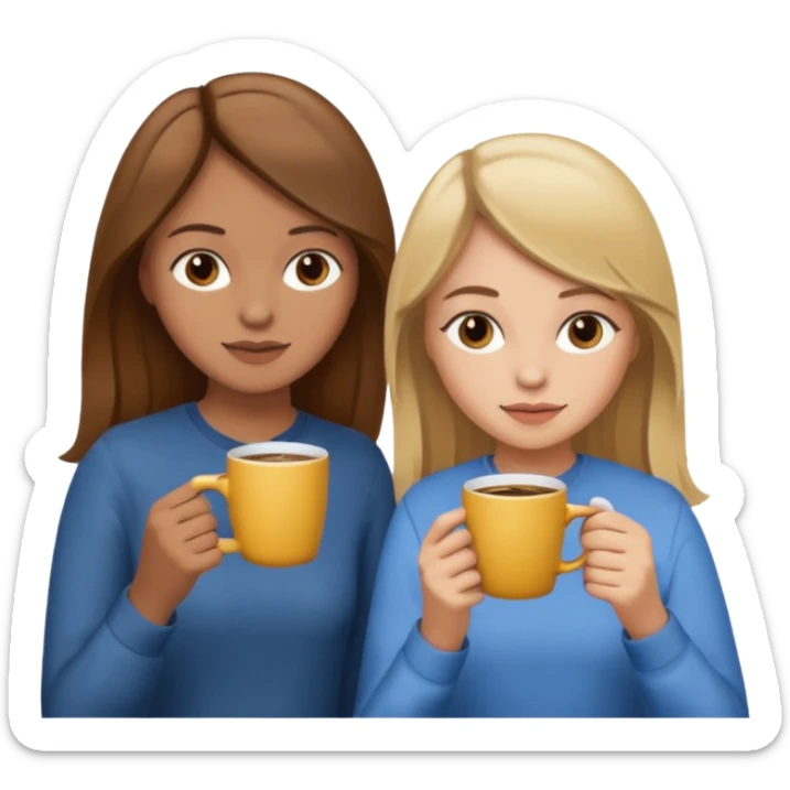 sisters drinking coffee brown hair and lighter skin and blonde hair sticker