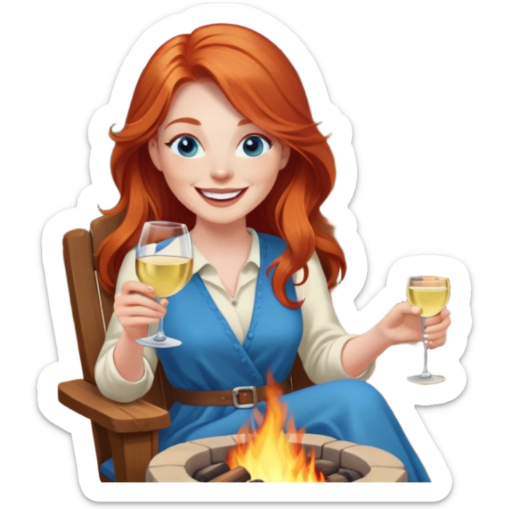 Laughing redhead with long hair and blue eyes holding white wine sitting in chair beside fire pit sticker