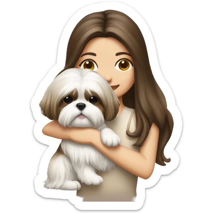 brunette girl hugging cream long hair shih tzu with bow on head  sticker