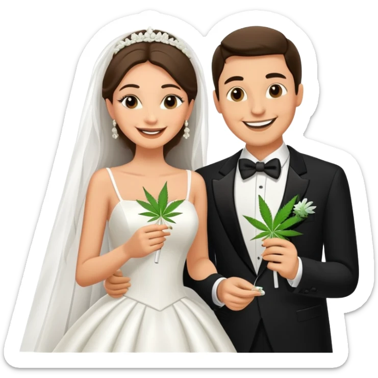 Bride in white dress and groom in tuxedo sharing a cannabis joint, cheerful cartoon wedding couple sticker