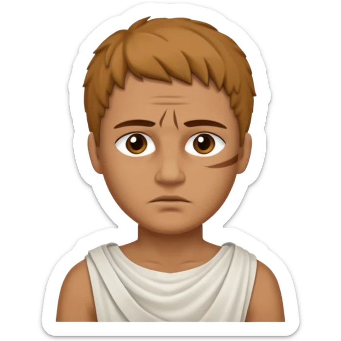 Emoji portrait of a Roman slave. Plain tunic, scar on the face, downtrodden expression. sticker