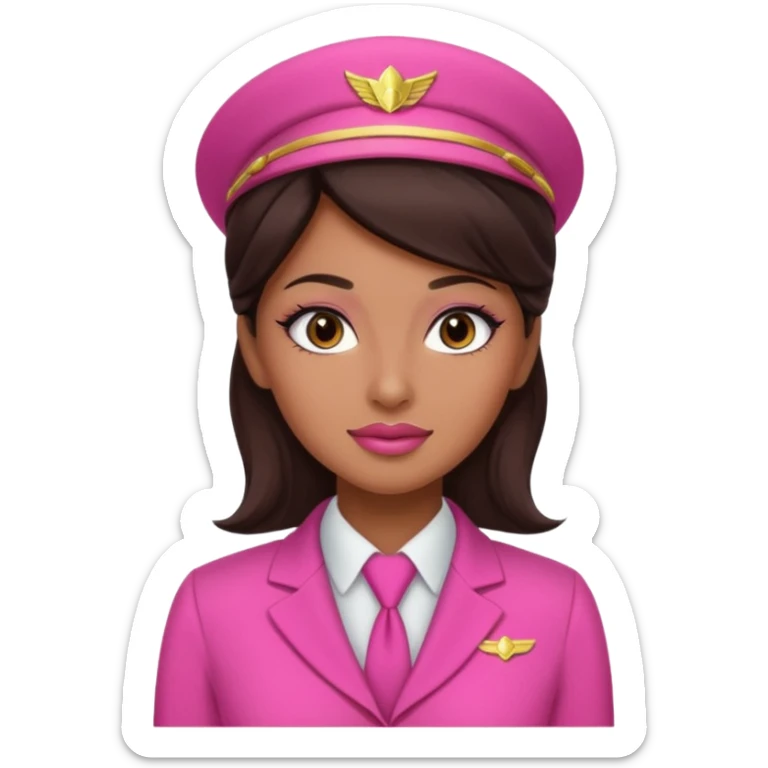Flight attendant with pink outfit tan skin dark brown hair pretty makeup small mole by lip sticker