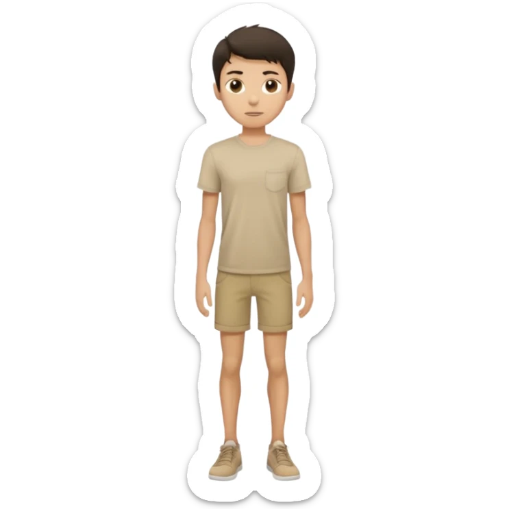 rapaz magro cabelo escuro, camiseta bege e  bermuda bege escuro, em pé de corpo inteiro  sticker