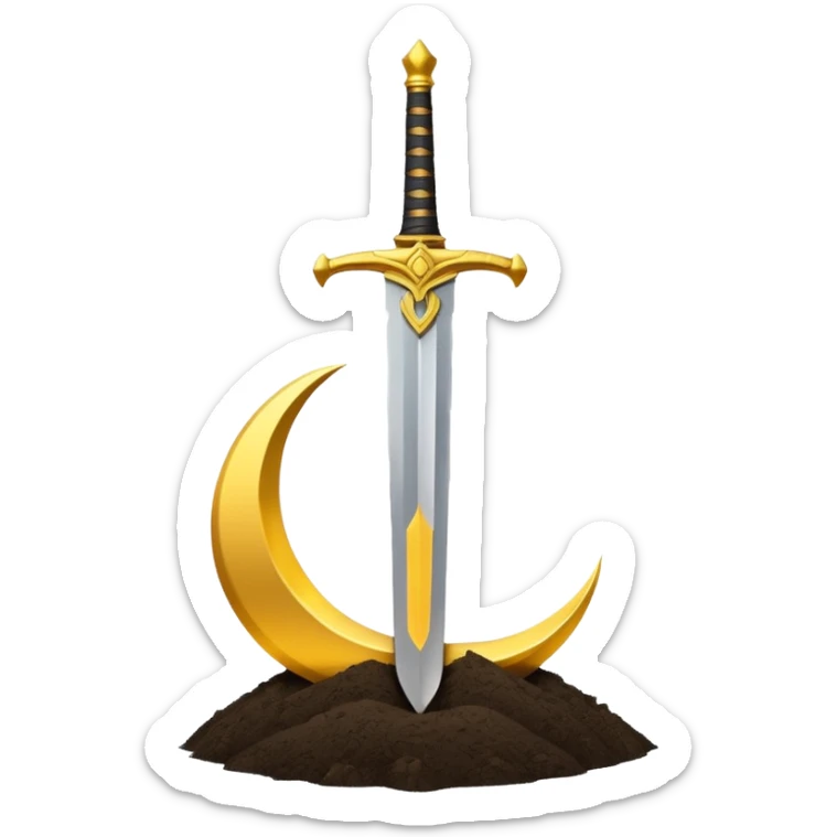 Minimalist emoji of a single upright sword planted into the ground with a glowing crescent rising behind it, representing inner discipline, Islamic strength, and the start of a new chapter. Flat icon style, transparent background sticker