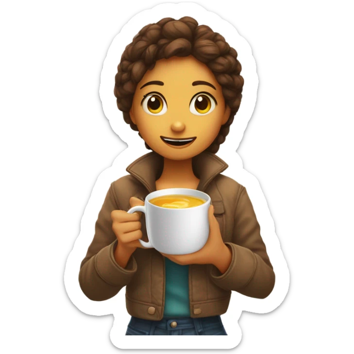 Chica de pelo y ojos marrones con pecas en la cara debajo de una manta y una taza humeante en las manos sticker