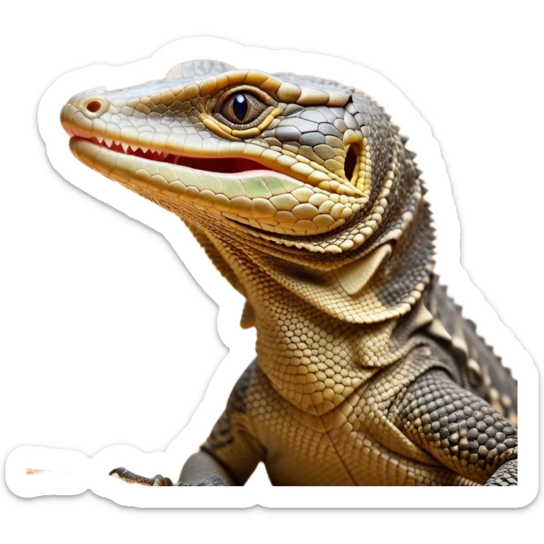 Cinematic Realistic Cute Yawning Monitor Lizard Portrait Emoji, Head tilted slightly with a dramatic, wide-open yawn, showcasing a soft, textured scaled hide with subtly drooping features and half-closed, drowsy eyes, rendered with meticulous natural detail and warm shadows, high shine, relaxed yet expressive, styled with a dash of desert charm, soft glowing outline, capturing the essence of a sleepy yet affectionate monitor lizard that appears ready to stretch out for a restful nap! sticker