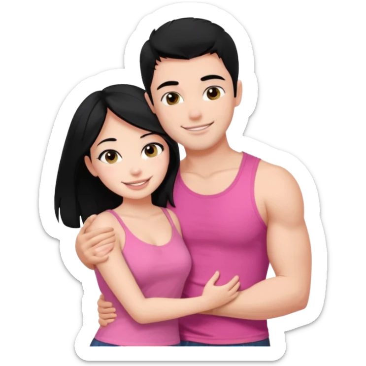 a pretty bratz fair girl. black hair, wearing a pink cami top, she is hugging a handsome fair guy with black hair. lean but muscular.the boy is wearing a black tshirt sticker
