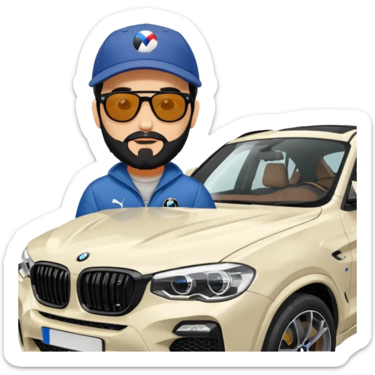 A man with black hair and beard sitting on top of the bonnet of a donnington grey BMW X4 M competition with sunglasses and a baseball cap on sticker