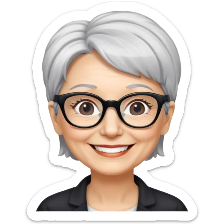 bà lão 60 tuổi, da trắng, tóc ngắn màu bạc, đeo kính màu đen, mặt cười tươi, hơi có nếp nhăn nhẹ, nửa thân trên sticker