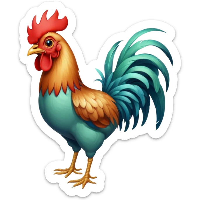 A funny rooster chicken with blue-greenish body, red comb, large eyes and silly expression, skinny legs sticker
