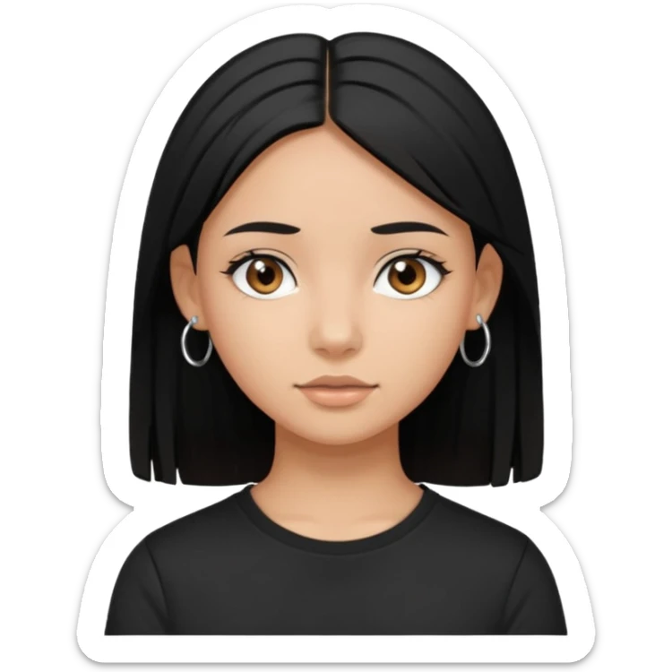 a pretty bratz girl with straight black hair wearing a black tshirt and silver hoops. tan girl sticker