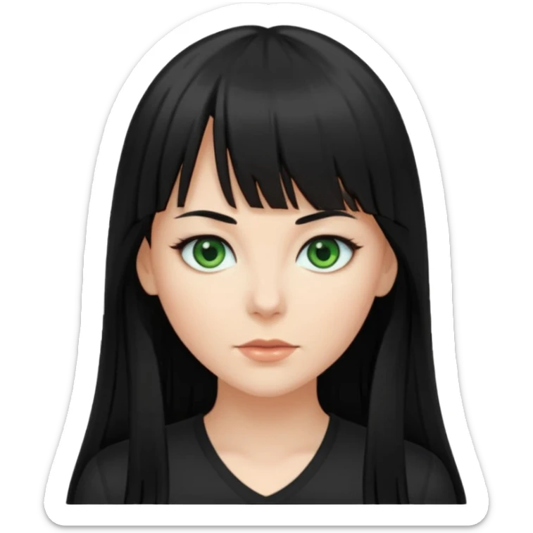 A white woman with Long straight hair with bangs, black hair, green eyes and a low-cut shirt sticker