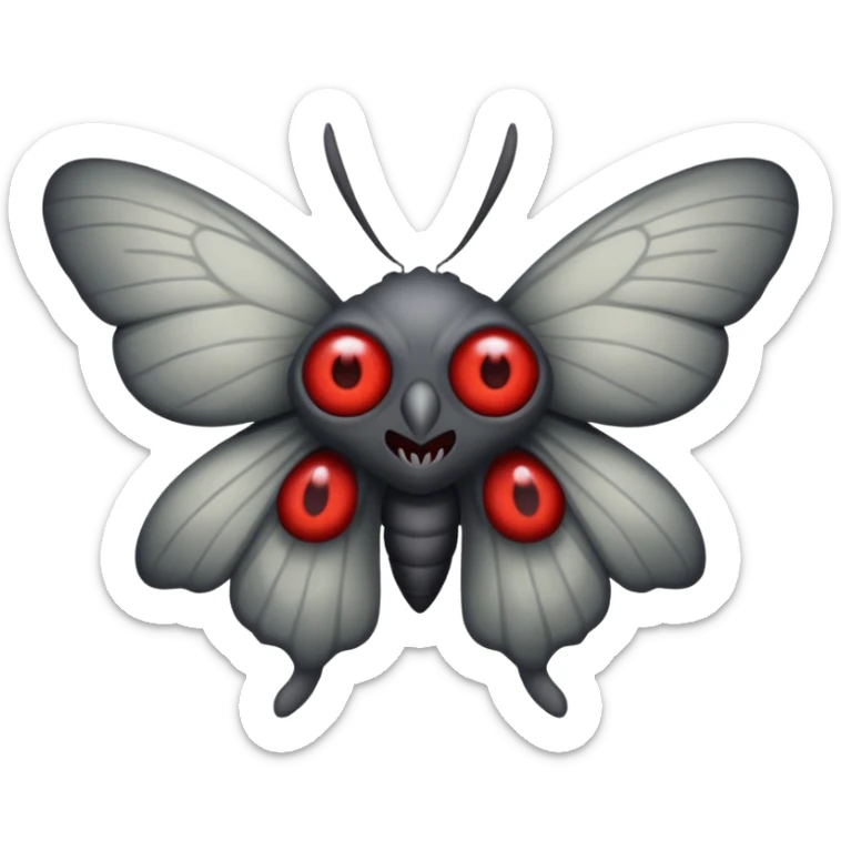 Create a scary emoji of the mothman with bright red eyes and as depicted in the legend. Make it less bird like and more Moth / Human hybrid sticker