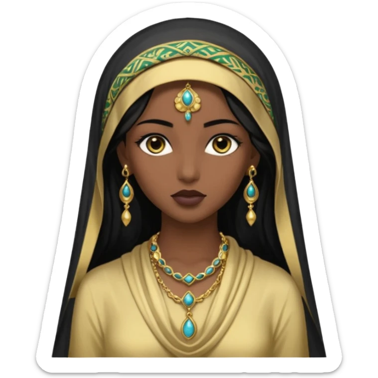  Mujer joven, morena, de gran belleza y porte misterioso.
Ojos grandes y negros, mirada intensa y fija; labios marcados.
-Cabello: Negro, largo y brillante, suele ir cubierto parcialmente por un velo o pañuelo oriental. Cuerpo conpletoVestimenta: Ropa de inspiración arabe brazaletes y pendientes.
 sticker