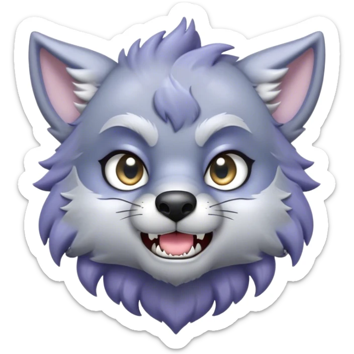 Cinematic Cute Werewolf Portrait Emoji, with a cuddly, miniature lupine form in soft moonlit grays and silvers, featuring oversized sparkling eyes and a sweet, endearing snarl, simplified yet irresistibly adorable, highly detailed with a gentle glowing outline that captures the playful, heartwarming essence of a little werewolf! sticker