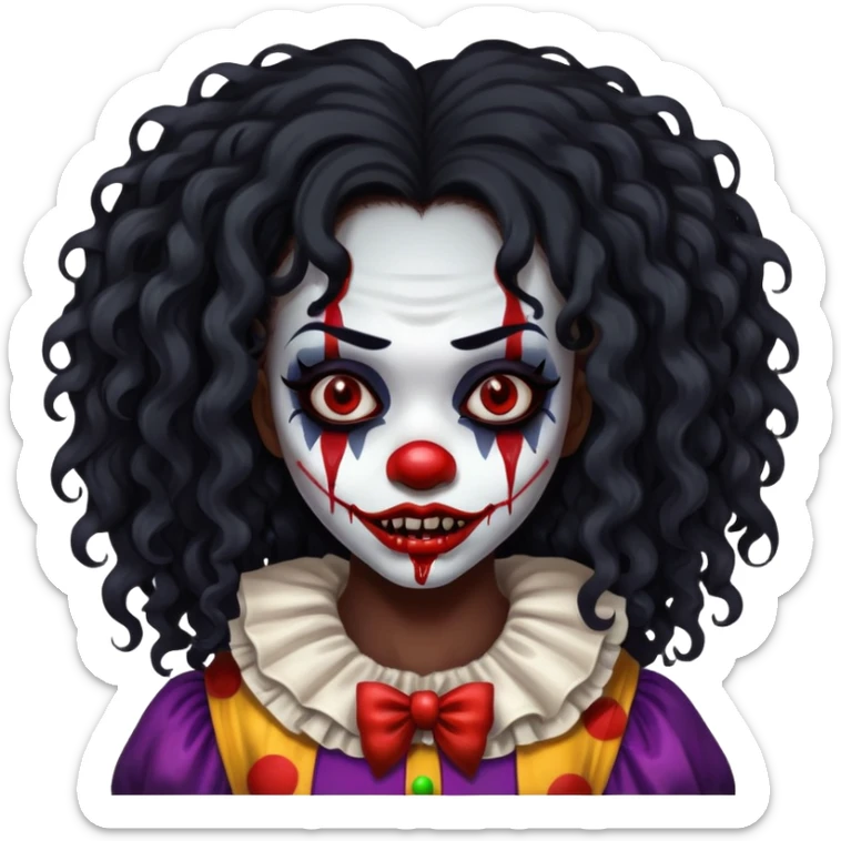 black girl long curly black hair with scary clown horror face blood sticker