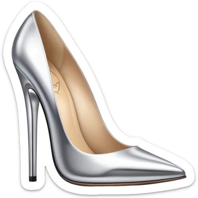 A pair of high heel shoes emoji made of polished silver chrome, elegant sharp silhouette, smooth metallic surface, glossy reflections, luxury sexy vibe, minimalistic iOS emoji style, centered, clean white background sticker