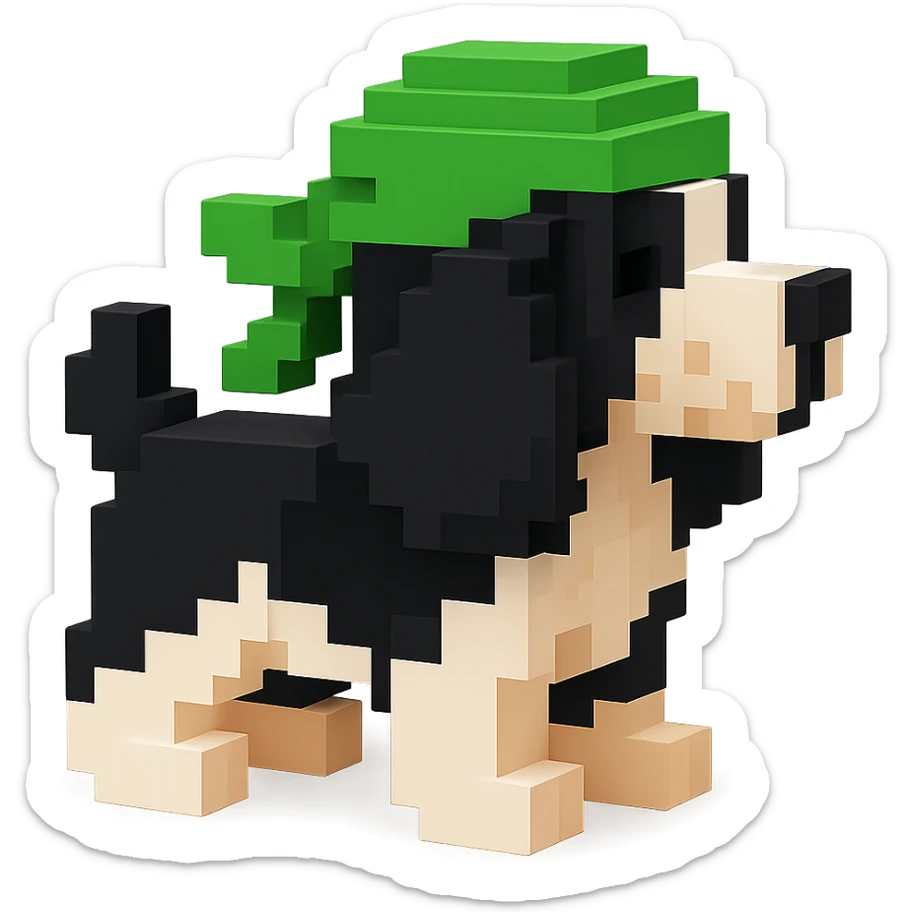 A black and white Russian Cocker Spaniel puppy wearing a green durag, voxel style, facing left sticker