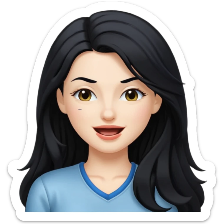 white adult woman in a y2k outfit, long black hair, winking sticker