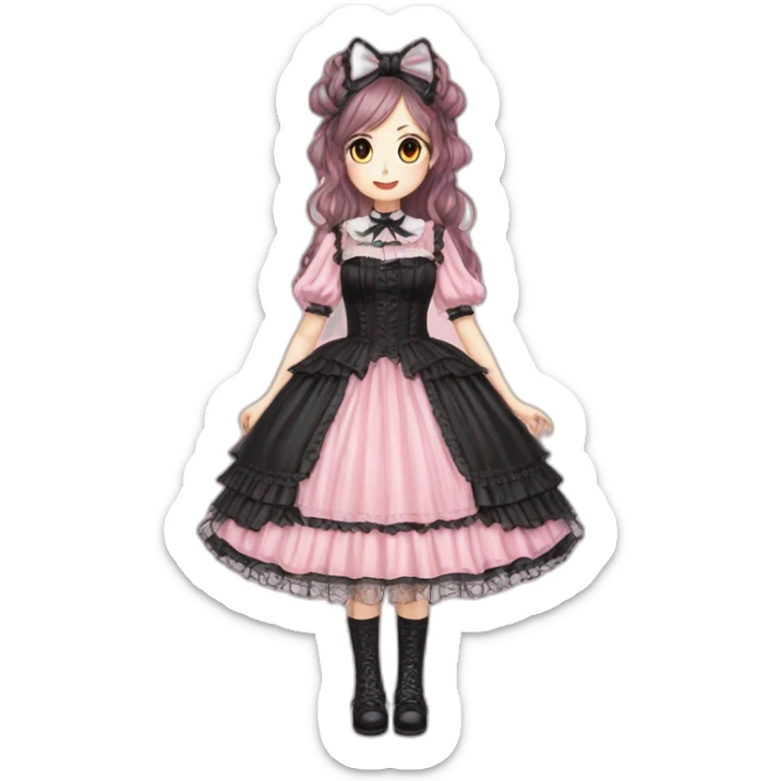 Vestido rosa pastel y negro gothic lolita, cuerpo completo, piel morena, pelo largo y rojo sticker