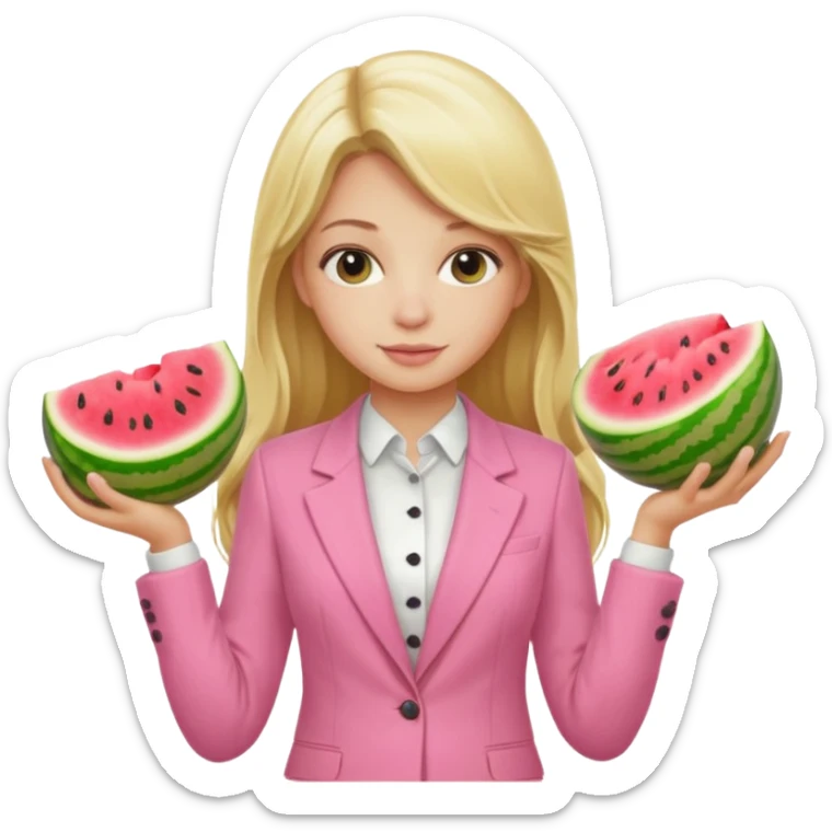 Blond Girl with Long hair in a pink suit holding whole melons in front of her chefs sticker