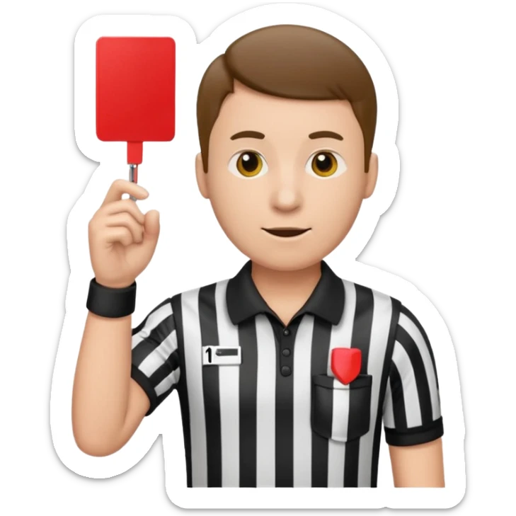 referee emoji, apple style, holding a red card, black and white striped shirt, whistle sticker