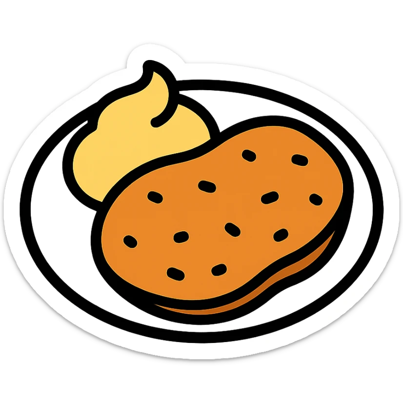 plato de milanesa con puré, el puré junto a la milanesa en el mismo plato, a modo de acompañamiento, icono colorido y simple sticker