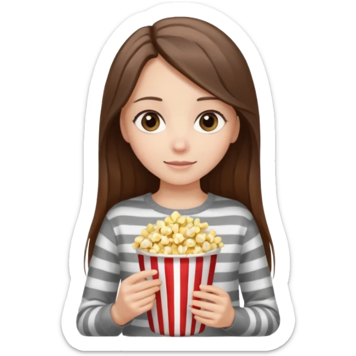 girl with straight long hair, striped light sweater, gray gray eyes, holding popcorn in her hands sticker