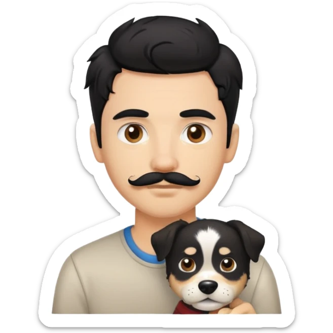 Young man with a light skin tone, messy black hair, a moustache and a pet dog sticker