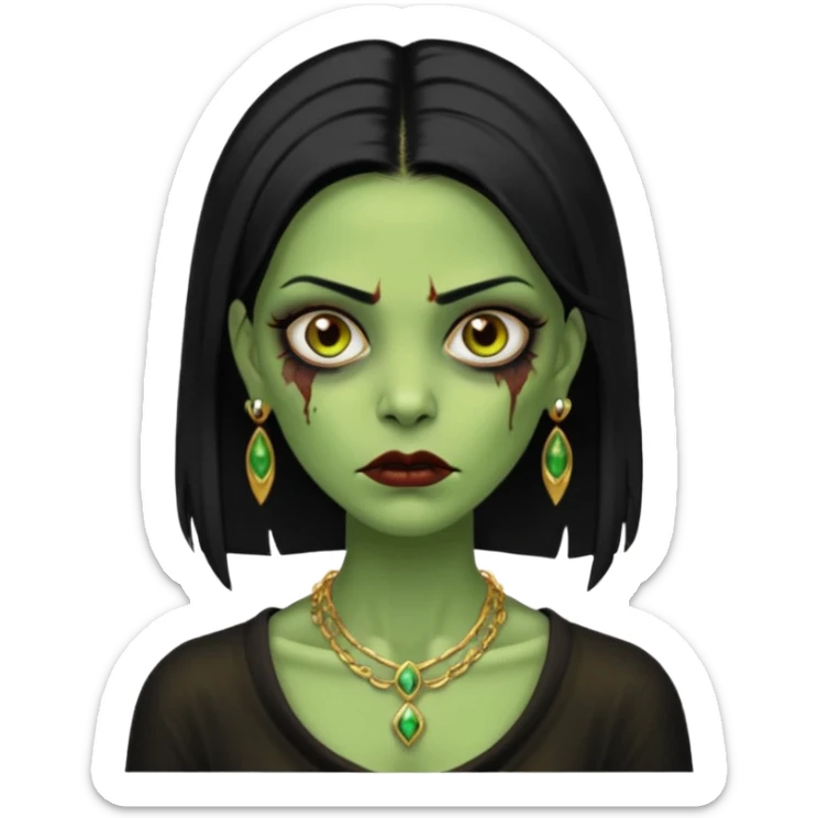 Faça uma zombie mulher bonita verde com olhos castanhos cabelos pretos partido ao meio liso, com estilo y2k e ouro sticker