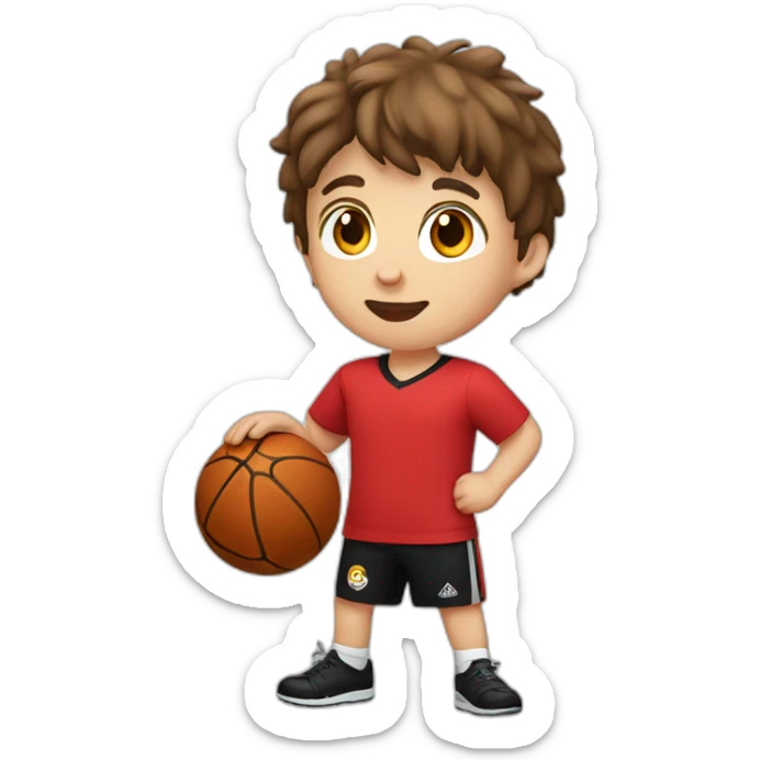 WHITE CHILD, BROWN HAIR, STRAIGHT WITH RED SHIRT AND BLACK SHORTS PLAYING BALL sticker