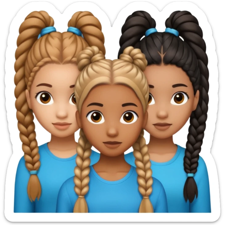 3 black teenage girls. One with shoulder length long curly hair and a little light skinned. One with Carmel skin with two long straight ponytails. One a little darker with 6 straight back braids going into buns in the back sticker