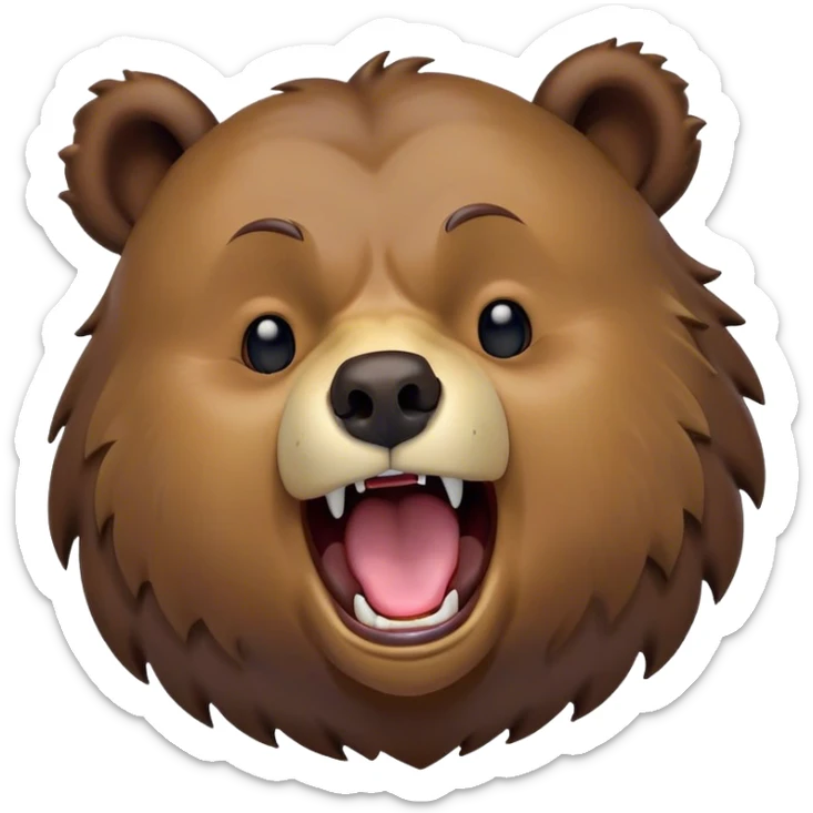 Cinematic Cute Yawning Grizzly Bear Portrait Emoji, Head tilted slightly with a dramatic, wide-open yawn, showcasing a thick, rugged deep brown fur with drooping ears, round eyes barely open in drowsy contentment, Simplified yet irresistibly adorable features, highly detailed, glowing with a soft, cozy glow, high shine, relaxed yet expressive, stylized with a touch of wild whimsy, bright and endearing, soft glowing outline, capturing the essence of a sleepy yet affectionate grizzly, so drowsy it feels like it could stretch out of the screen and curl up for a nap! sticker