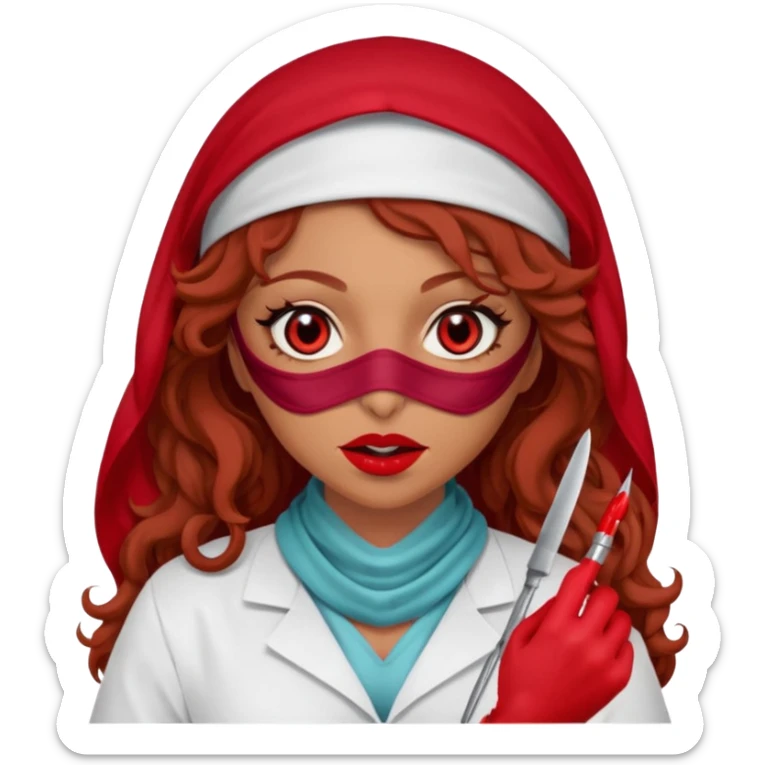 Lilith scalpel in hand, evil surgeon sexy surgeon clothes.  She has red eyes. She brown long curly hair. Wears sexy doctor outfit with red gloves.hair is free and brown  Wears red burka to hide her mouth and nose sticker