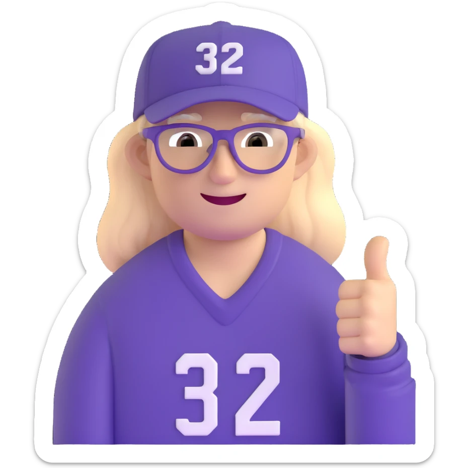 Man with black and white cap, purple sports jersey with number 32, clear glasses, light blond mullet hairstyle, thumbs up sticker