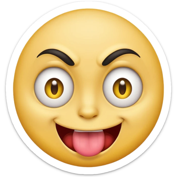 A yellow round face emoji smirking with its tounge out but the eyes are evil and kind of crazy and the eyebrows are turned  sticker