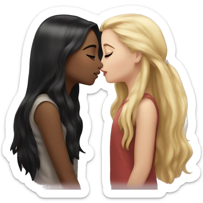 A girl kissing another girl on the cheek, both are blushing. They both have white skin and long black hair sticker