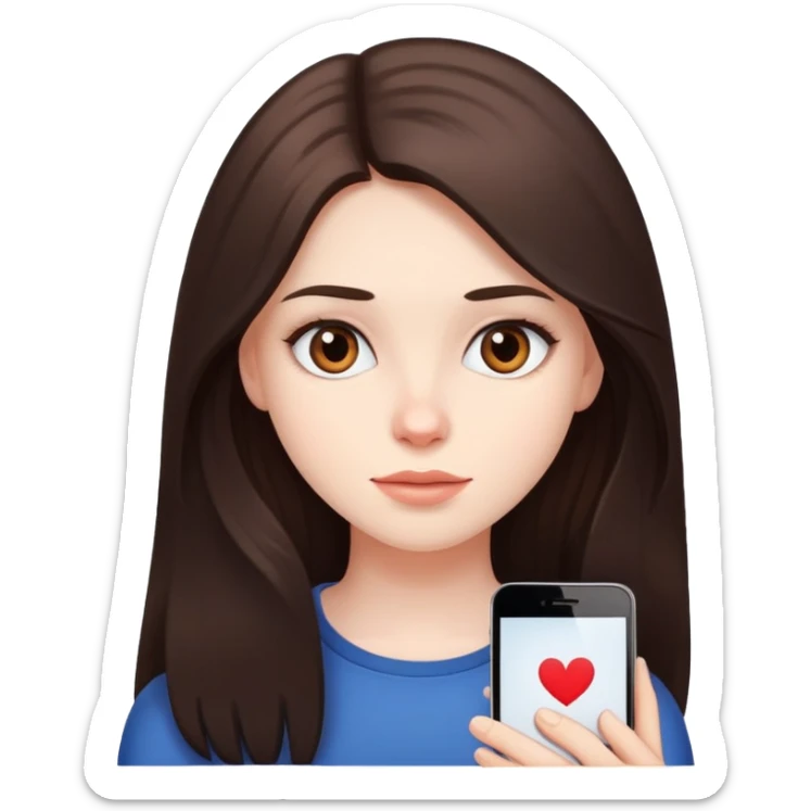 girl with long dark brown hair brown eyes and pale skin looking at dating app sticker