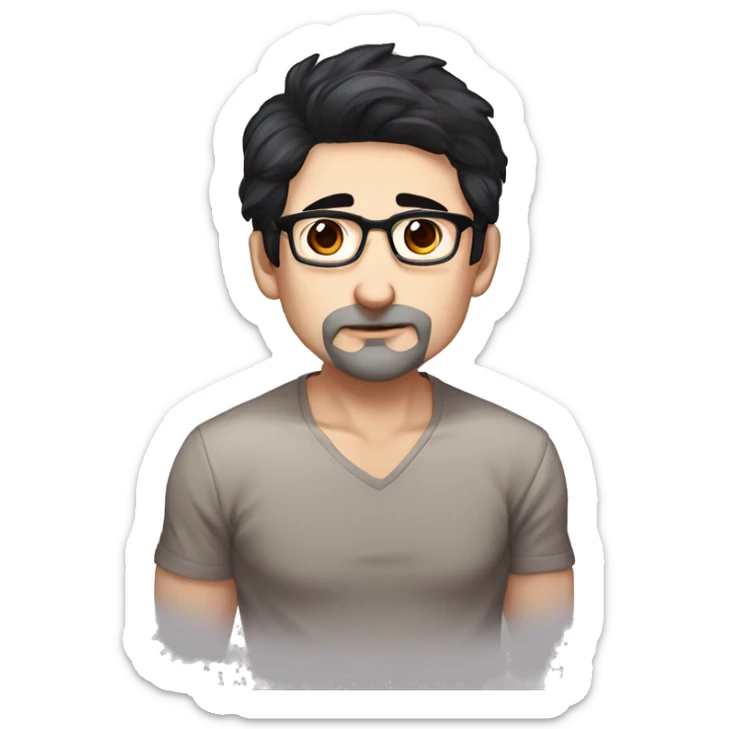 masterpiece, anime style, chibi, illustrated logo, emote for twitch of a 46 year old man, oval face, black hair, wrinkles on forehead, brown eyes, white skin, inky shirt, short hair, glasses, working in his computer
 sticker