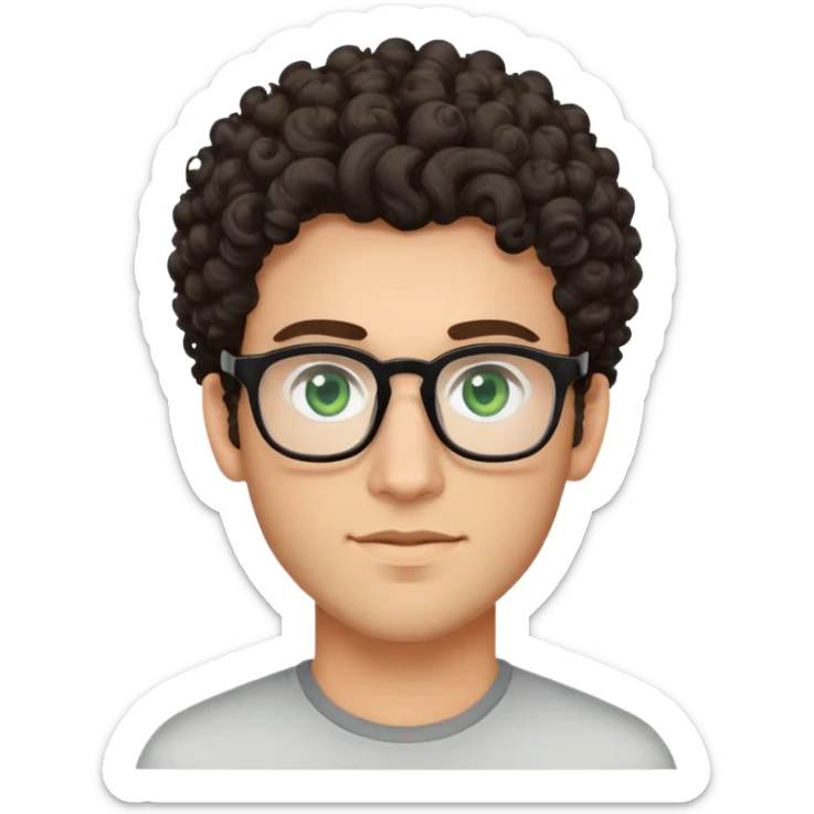 young man with dark tall voluminous curly hair styled up high on head, wearing glasses with green eyes and very light stubble, with a slight smile sticker