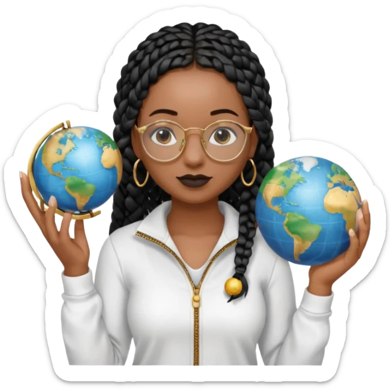a young woman wearing fine gold round glasses and black hair in several box braids, no earrings, she has light black skin, and she's wearing a white shirt with a black quarterzip. She's holding a globe in one hand sticker