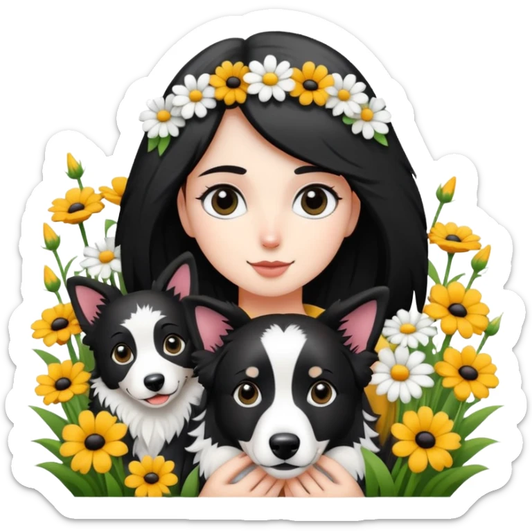 A girl is holding a black and white border collie in the flowers sticker