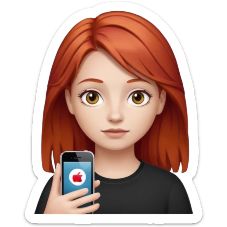 Una chica pelo rojo que está con ojeras color de piel blanca y tiene en su mano un iPhone 16 de 2024 sticker