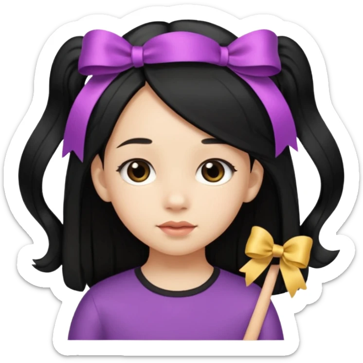 little girl with ribbon hairclip, long black hair sticker