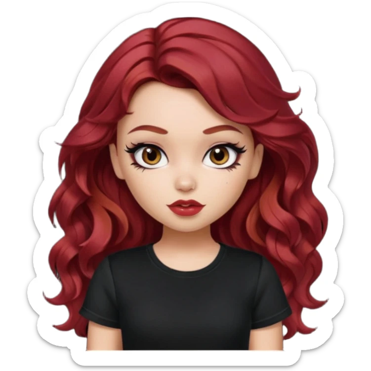 a pretty fair bratz girl with wavy dark red hair, wearing a black tee. eyeliner on sticker