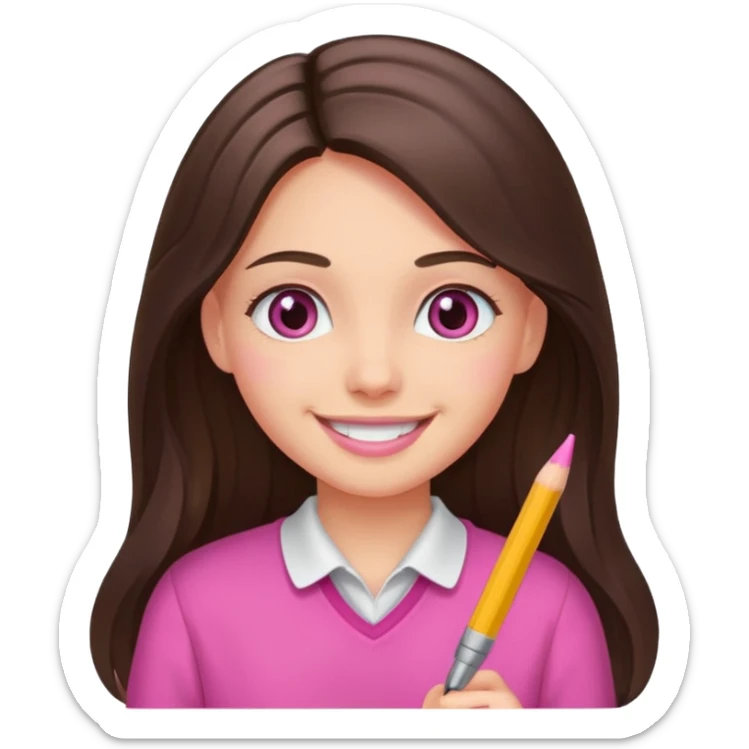 smiling long brunette hair girl with hazel eyes wearing pink writing sticker