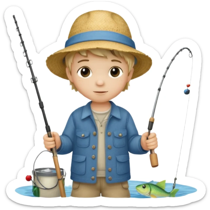 Little boy on the dock fishing, felt texture, scrapbooking, precious moments style character sticker