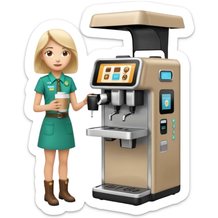 Girl Scouts selling coffee at her roped-off stand by the side of the road with their own robotic looking coffee machine  sticker